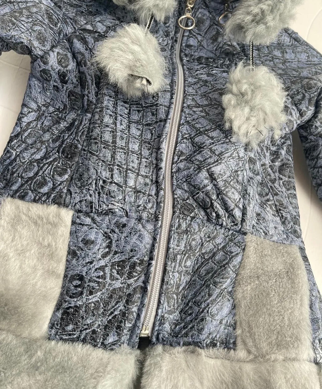 Luxe handgemaakte Lammy coat blauw/grijs
