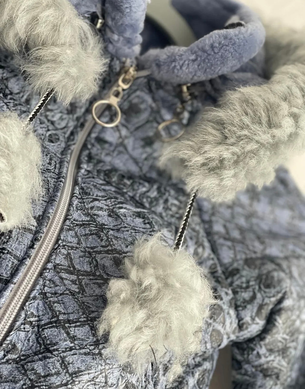 Luxe handgemaakte Lammy coat blauw/grijs